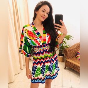 FARM RIO PRINTED CUTOUT MINI DRESS